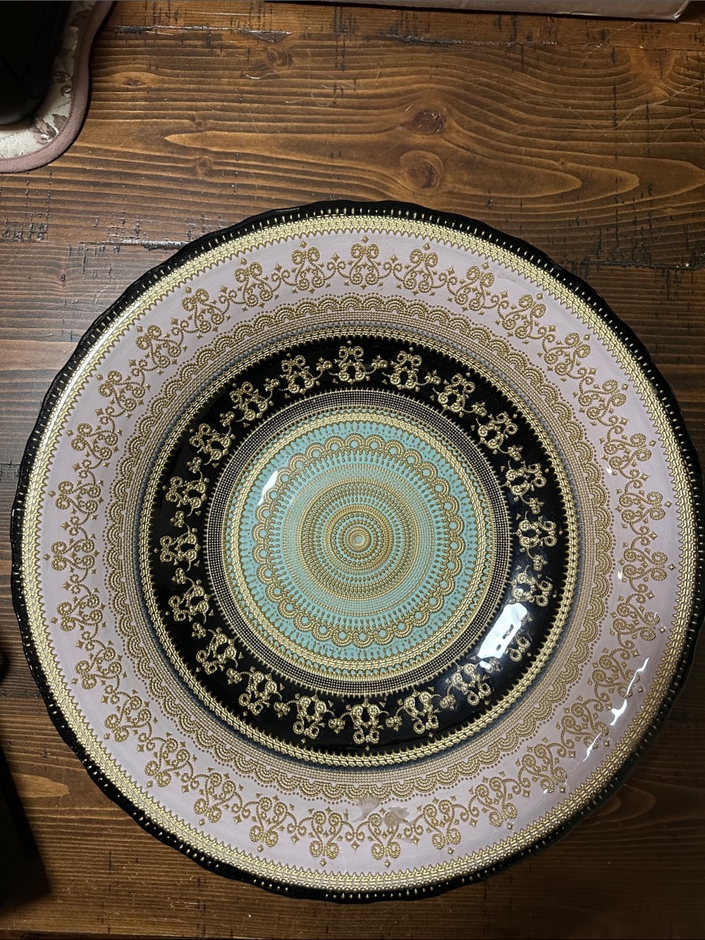 16” Decorative Pink, Black and Gold Glass Plate Serving Plate Center Piece